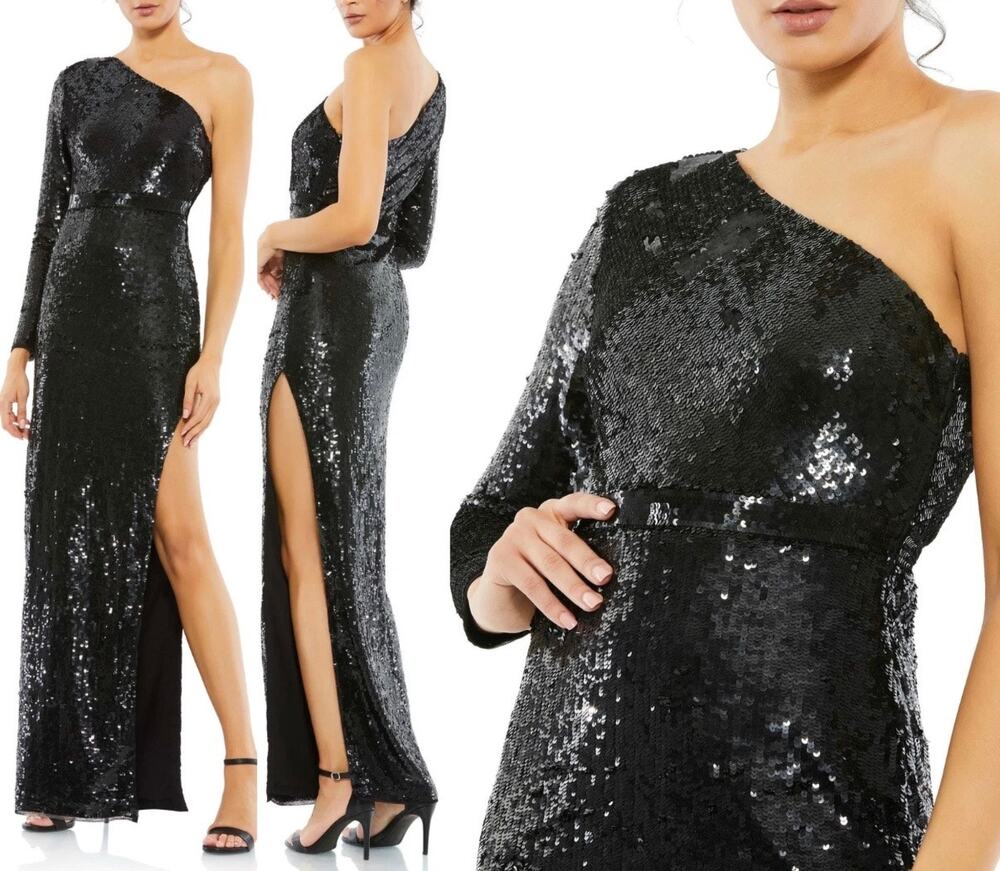Mac Duggal Black One Shoulder Sequin Slit Column Evening Formal Gown 12